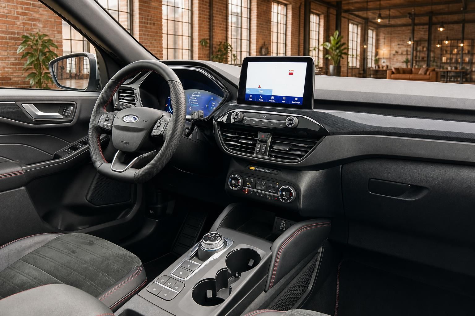 Ford Cockpit mit Touchscreen Navigation und Lenkrad im Detail