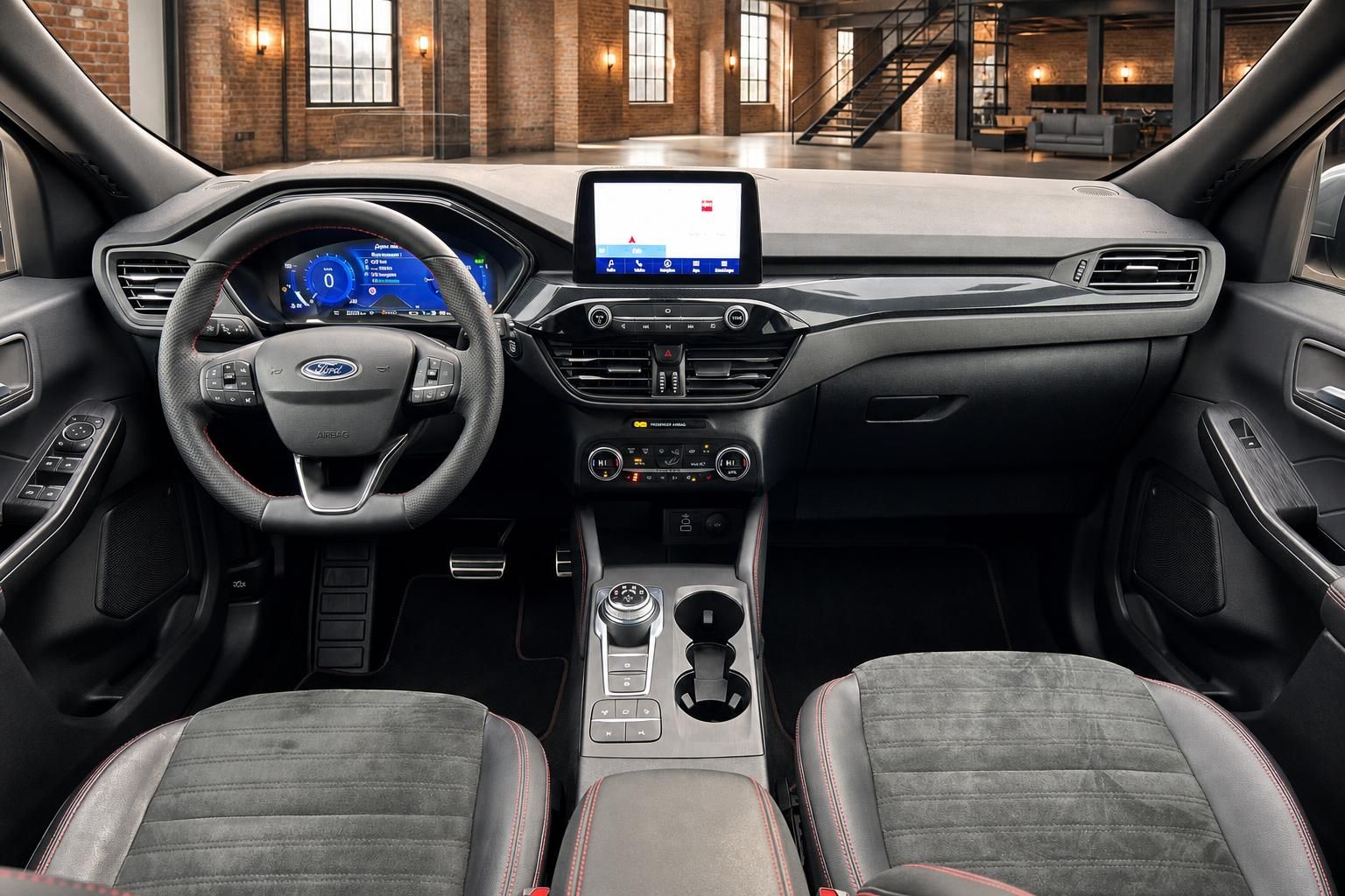 Ford Innenraum Frontansicht mit Cockpit und Sportsitzen
