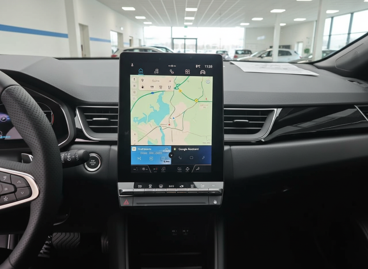 Renault Innenraum mit großem Touchscreen-Infotainmentsystem und Navigationskarte im Autohaus