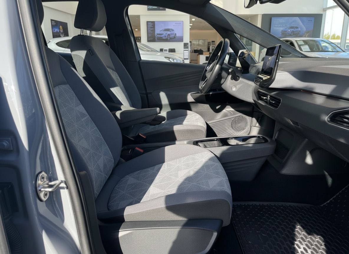 Volkswagen ID.3 Innenraum Fahrerseite mit grauen Stoffsitzen und digitalem Cockpit