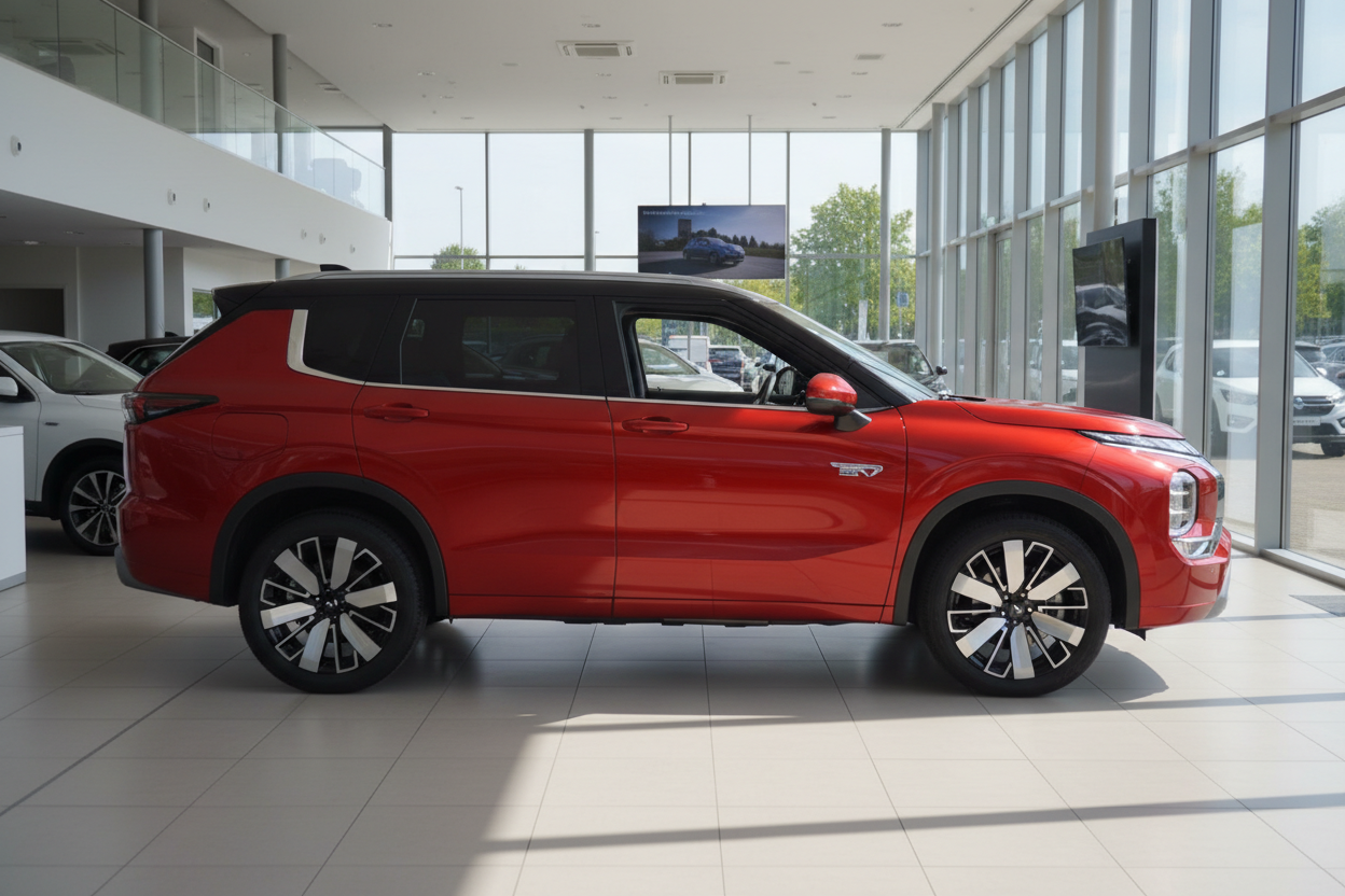 Roter Mitsubishi Outlander PHEV SUV in Autohaus-Showroom Seitenansicht