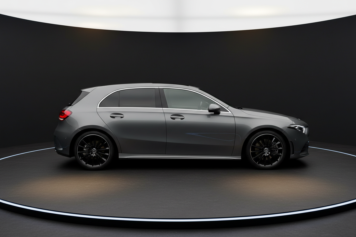 Mercedes-Benz A-Klasse Seitenansicht in Mountaingrau mit schwarzen AMG Felgen auf Drehbühne im Showroom