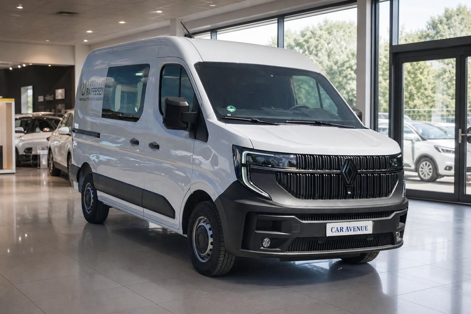 Renault Trafic Kastenwagen silbergrau - Frontansicht mit Car Avenue Kennzeichen