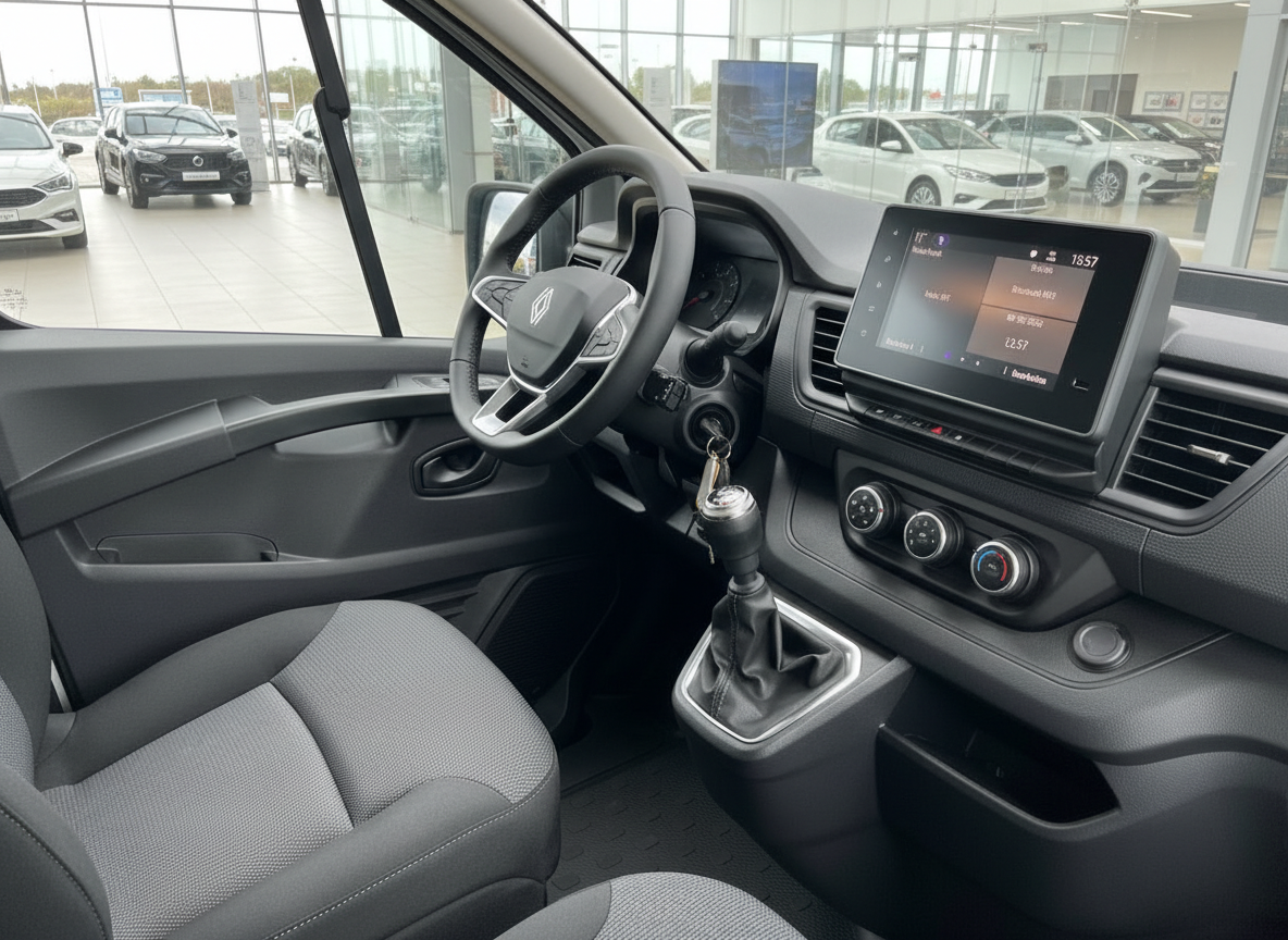 Renault Trafic Innenraum mit Schaltgetriebe, Infotainment-Display und Lederlenkrad im Autohaus