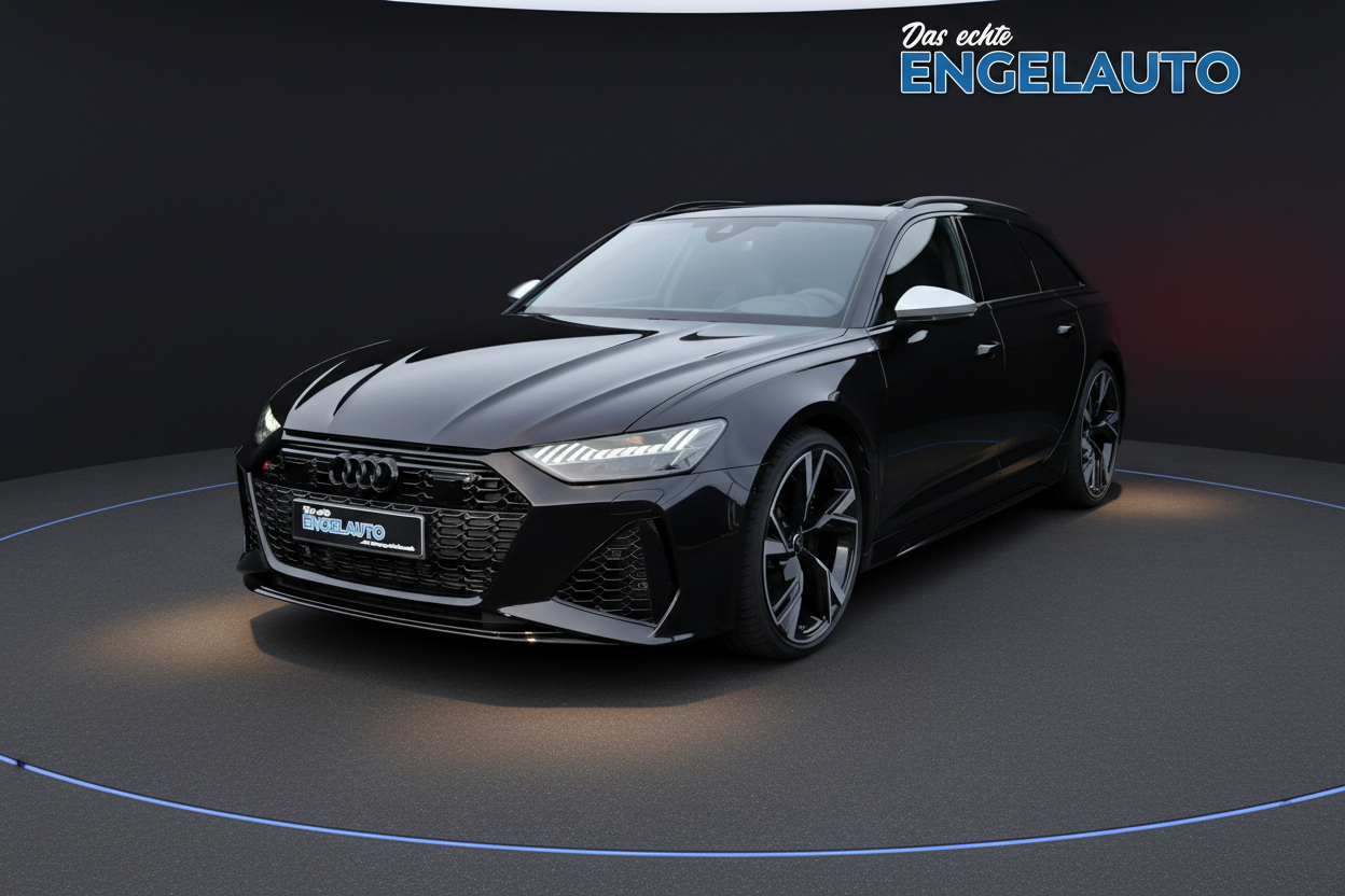 Schwarzer Audi RS6 Avant Kombi im Showroom bei Engelauto - Frontansicht des Hochleistungsfahrzeugs mit LED-Matrix-Scheinwerfern und sportlichem Design