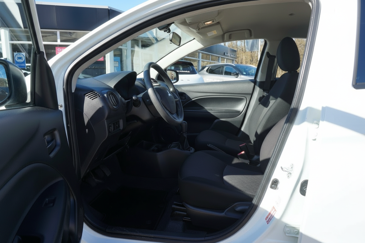 Mitsubishi Space Star Innenraum Fahrerseite mit Lenkrad und schwarzen Stoffsitzen