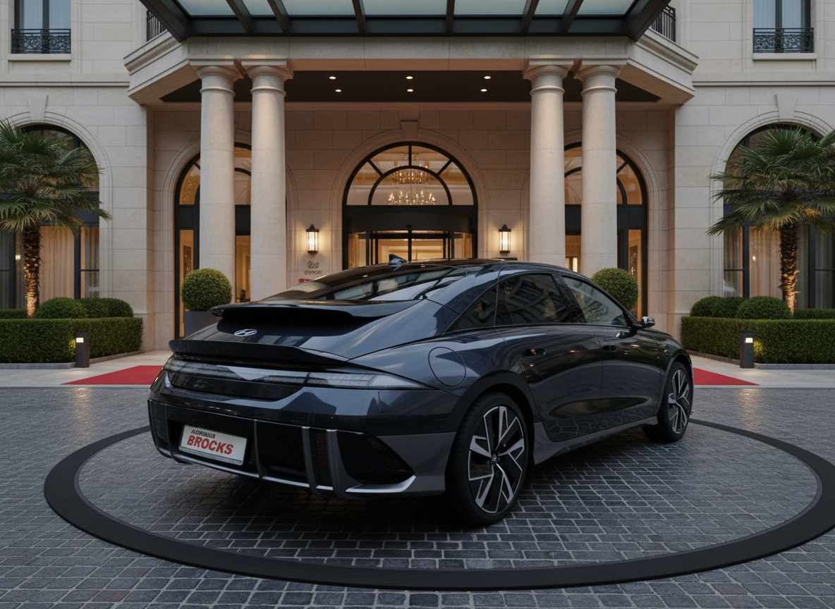 Schwarzer Hyundai Ioniq 6 Elektro-Limousine in Heckansicht vor luxuriösem Hoteleingang mit Säulen und Palmen auf gepflastertem Rundplatz