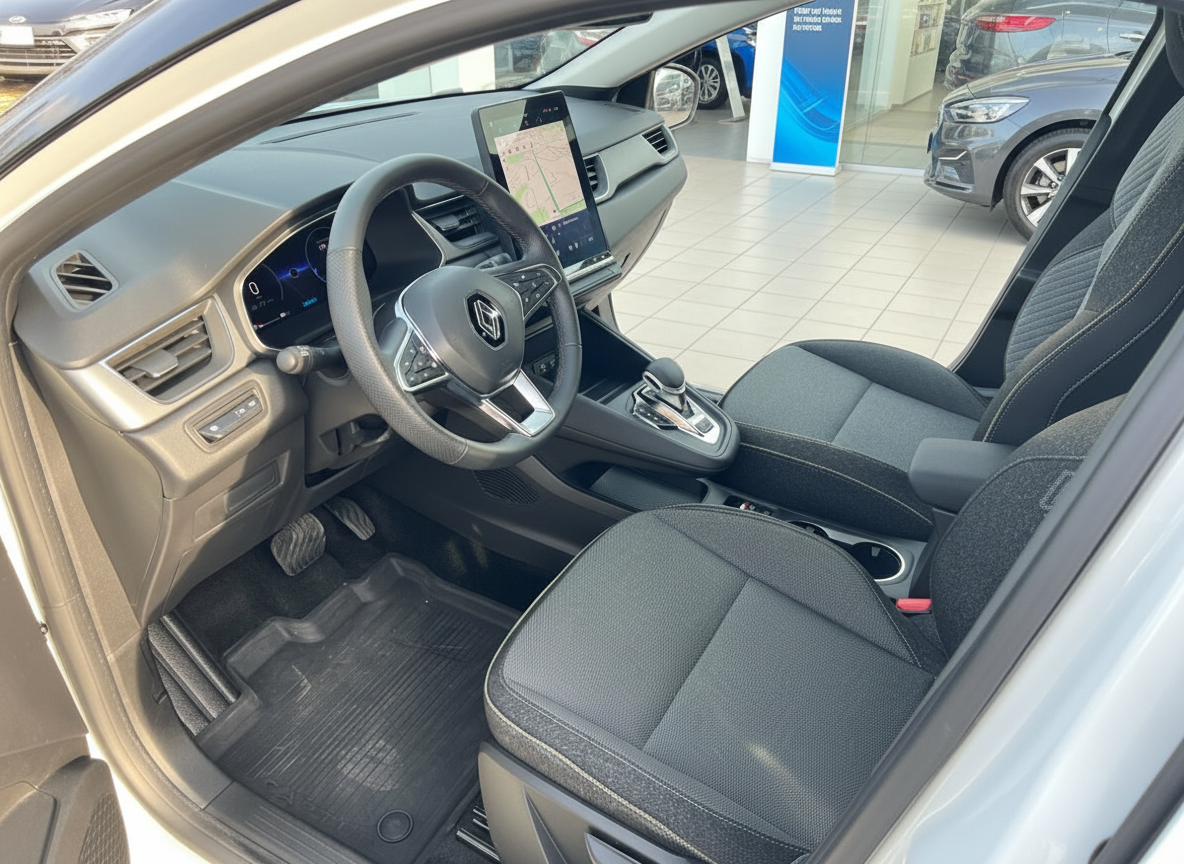 Renault Innenraum mit schwarzen Stoffsitzen, Lenkrad und großem Touchscreen-Navigationssystem