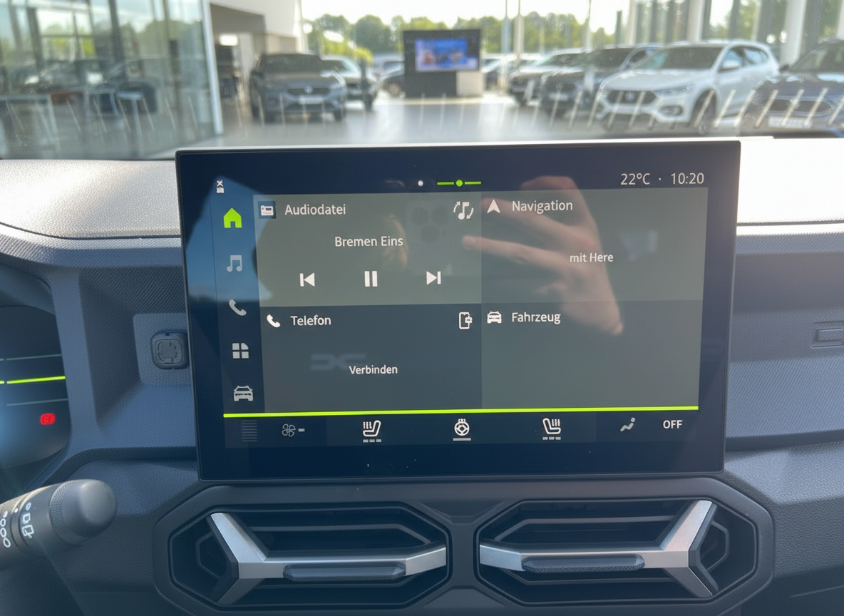 Fahrzeug Infotainment-Display mit Navigation, Radio Bremen Eins und Klimasteuerung im Innenraum
