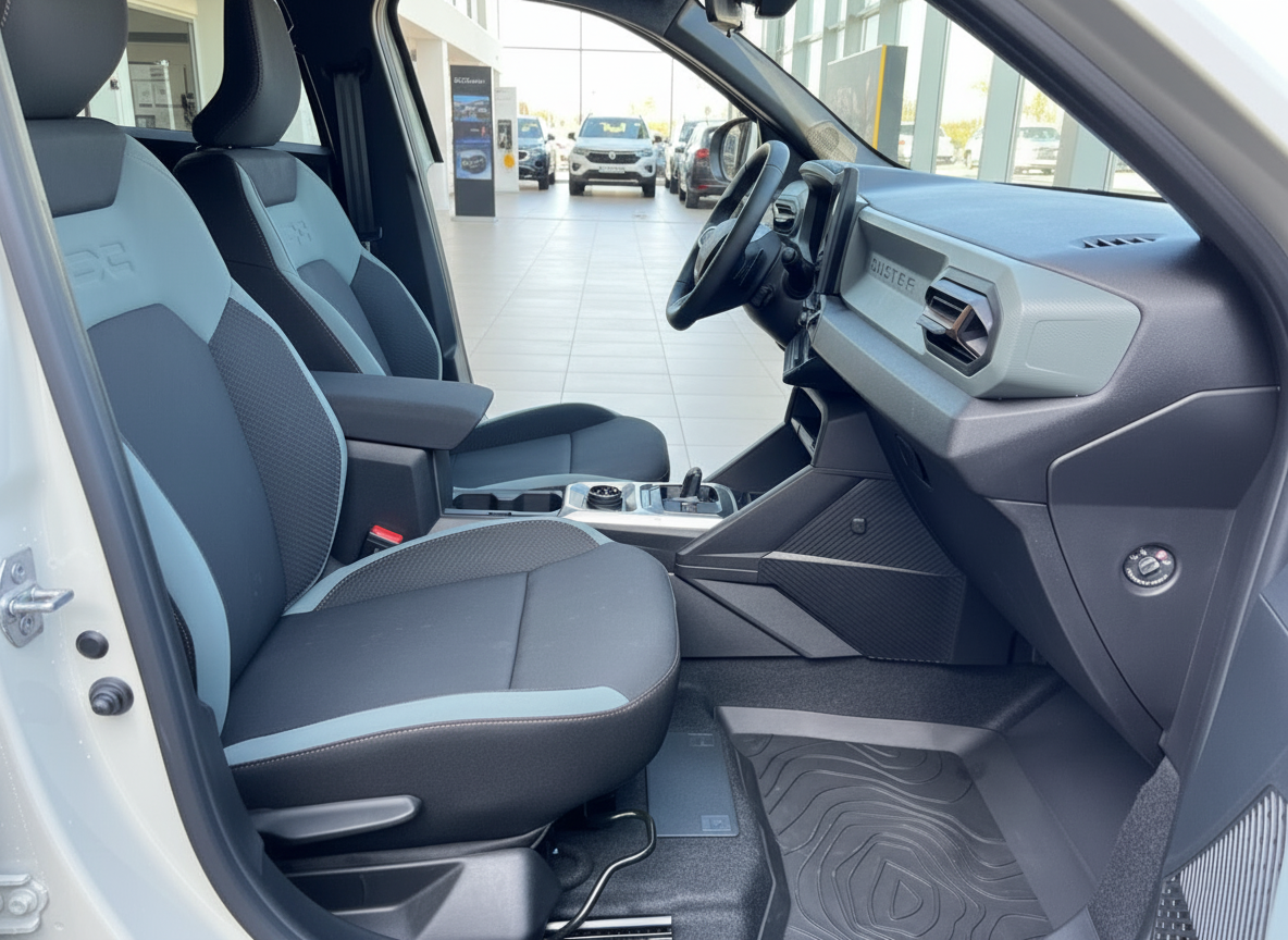 Dacia Duster Innenraum Fahrersitz mit grau-schwarzer Polsterung und moderner Mittelkonsole