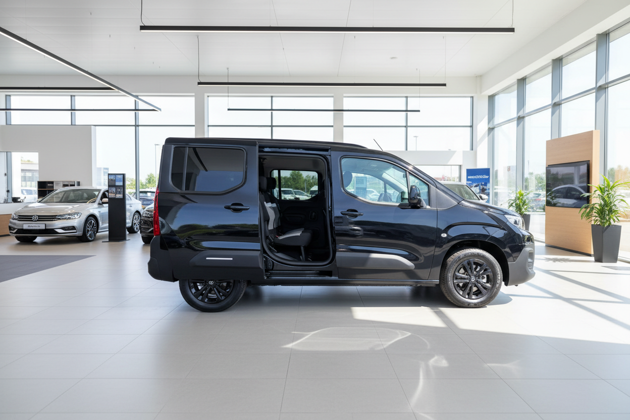 Schwarzer Toyota Proace City Verso mit geöffneter Schiebetür im modernen Autohaus-Showroom, Seitenansicht des Familien-Vans mit dunklen Alufelgen