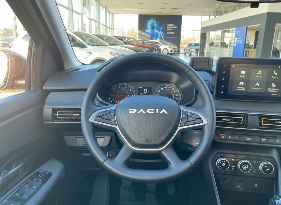 Dacia Innenraum Cockpit mit Lenkrad, Tacho und Infotainment-Display im Autohaus