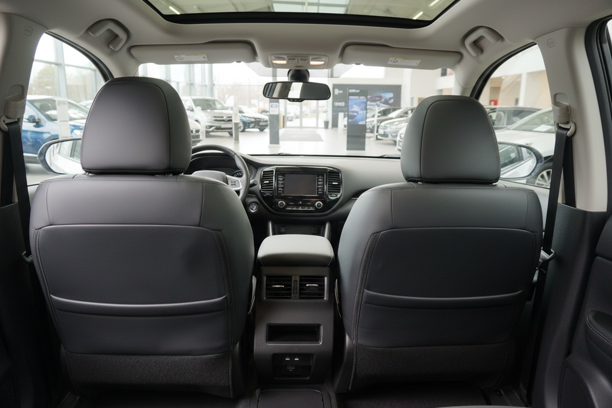 Innenraum eines SUV mit schwarzen Ledersitzen, Panoramadach und Infotainment-System