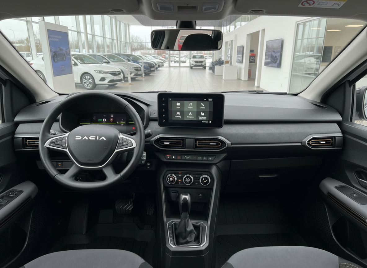 Dacia Innenraum Cockpit mit Lenkrad, Digitalanzeige, Touchscreen und Automatikgetriebe im Autohaus