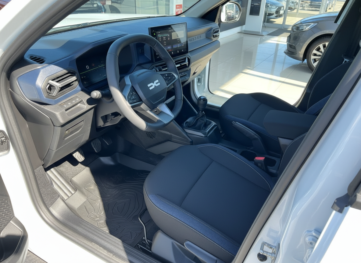 Dacia Innenraum mit blauem Stoff-Interieur, Lenkrad und Schaltgetriebe in Ausstellungsraum