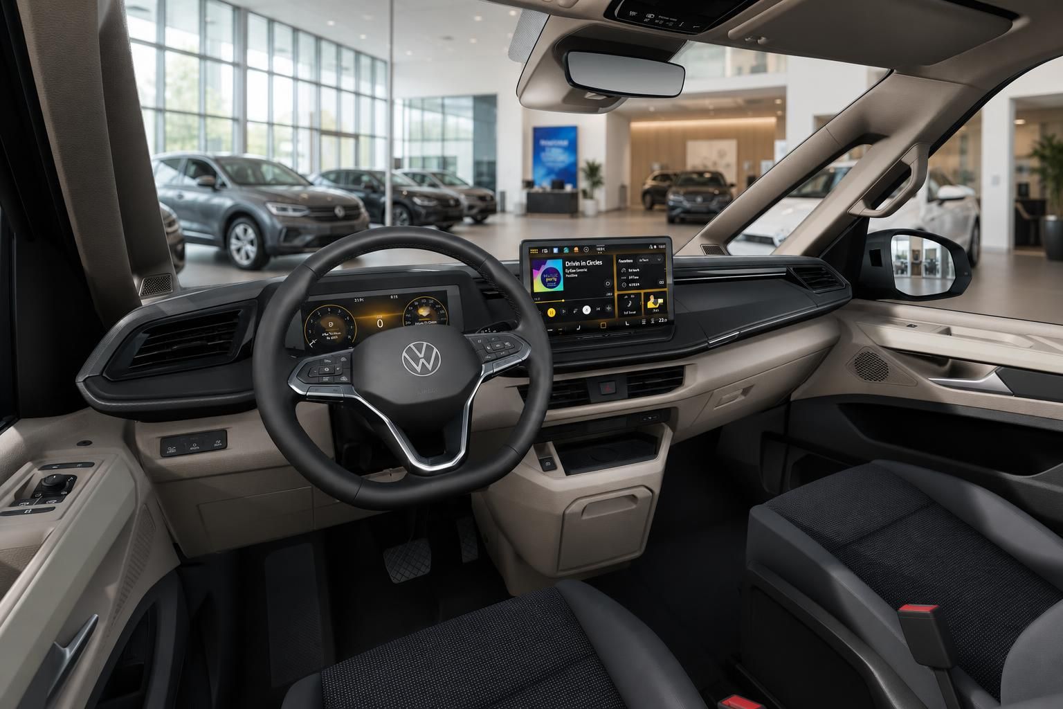 VW Multivan Cockpit mit Lenkrad, digitalem Tacho und großem Infotainment-Touchscreen