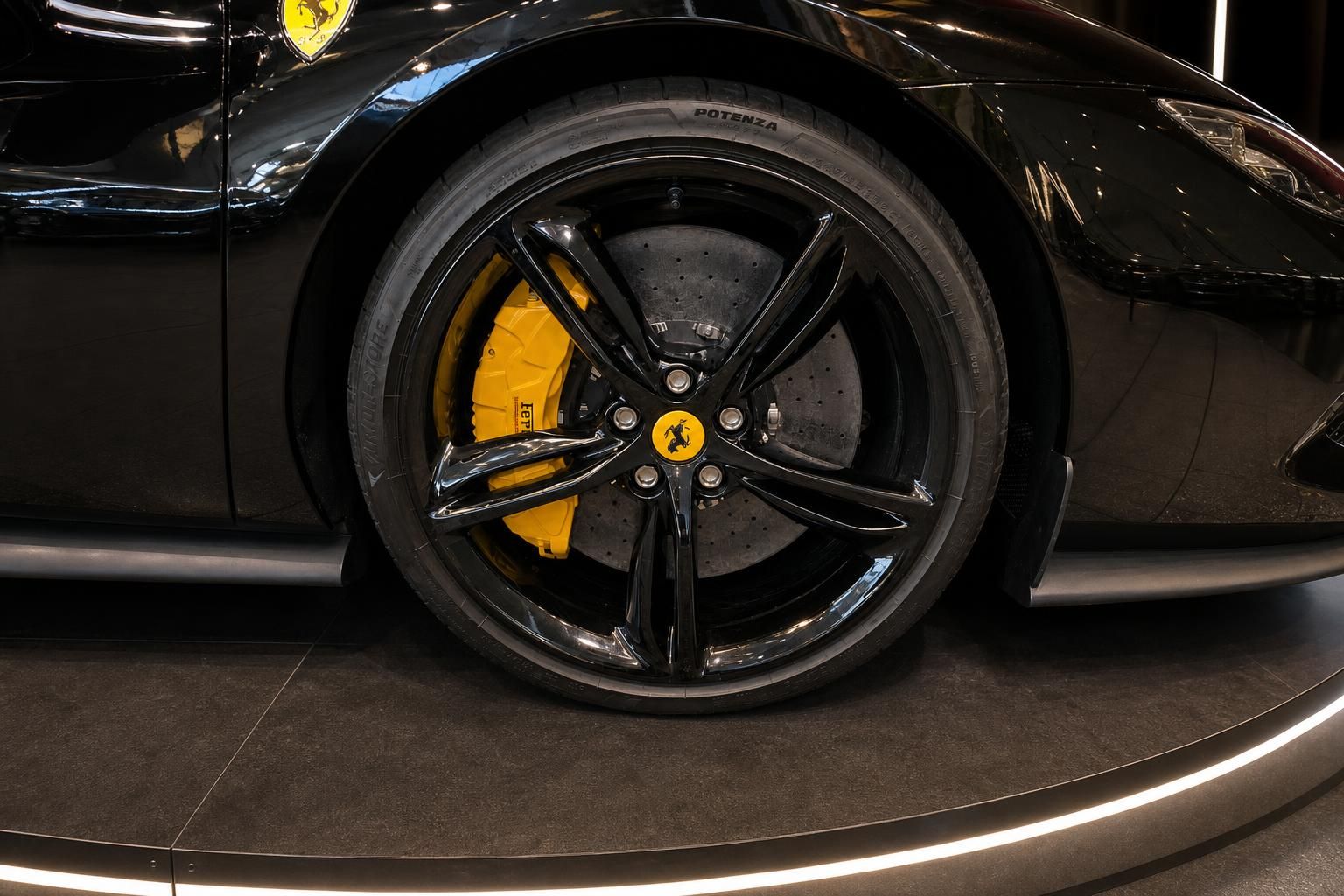 Ferrari Rad mit gelben Bremssätteln und schwarzer Felge in Detailaufnahme