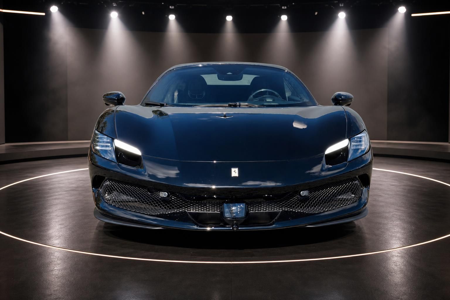 Ferrari Sportwagen Frontansicht in blau-schwarz mit LED-Scheinwerfern im Showroom mit Spotlights