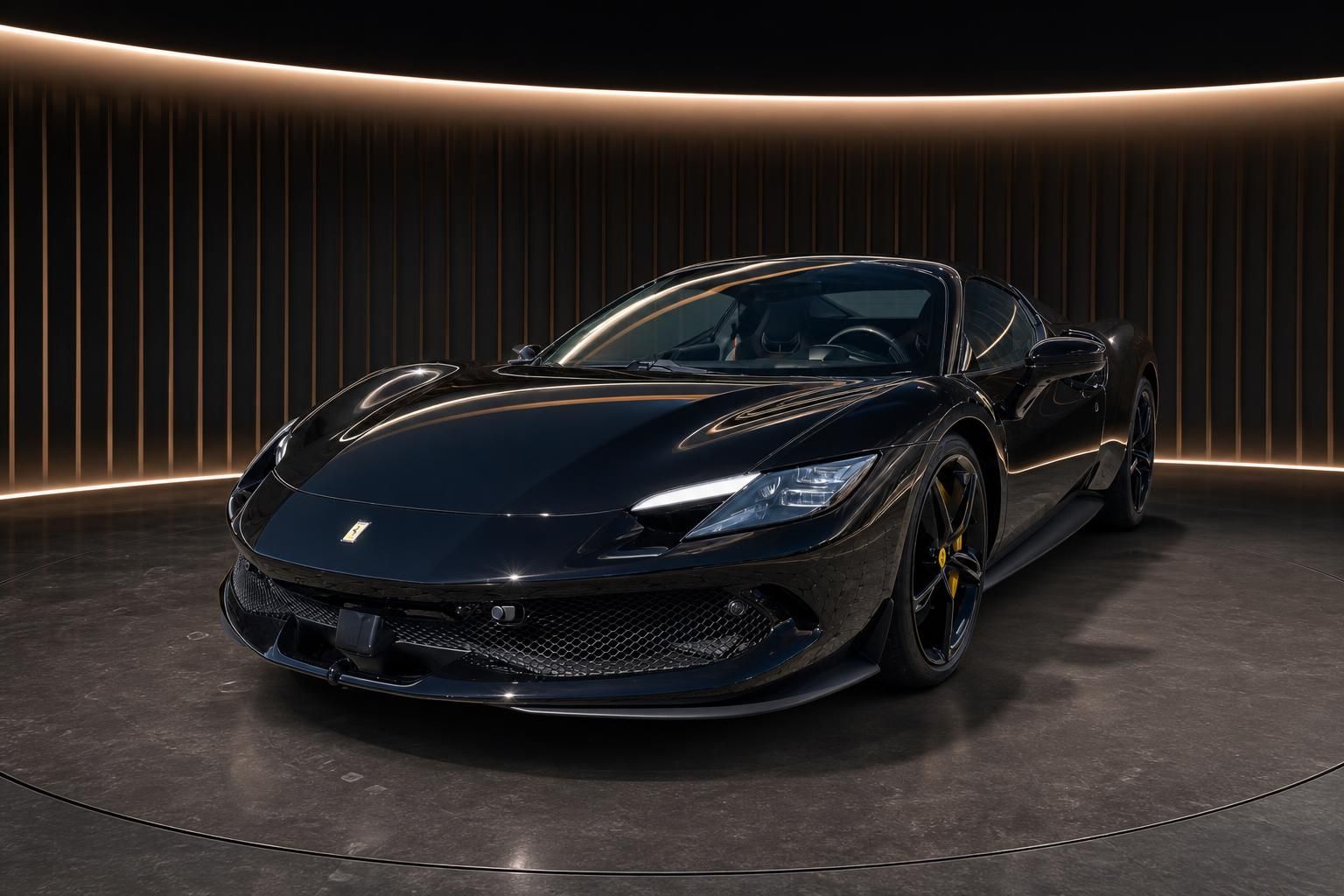 Schwarzer Ferrari Sportwagen in edlem Showroom mit goldener Beleuchtung - Luxus-Supersportwagen Seitenansicht