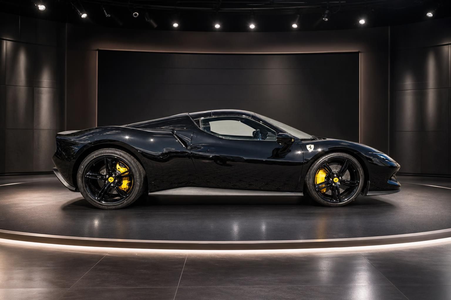Ferrari Supersportwagen Seitenprofil in schwarz mit gelben Bremssätteln und schwarzen Felgen im Studio