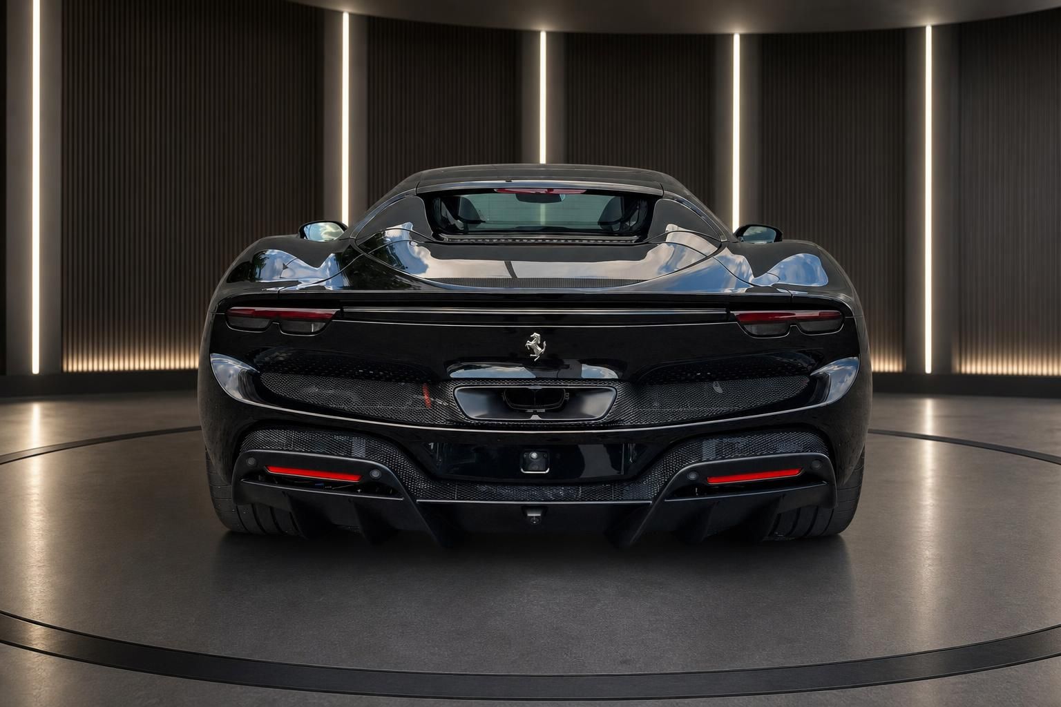 Ferrari Sportwagen schwarz Heckansicht mit roten Rücklichtern und Sportauspuff