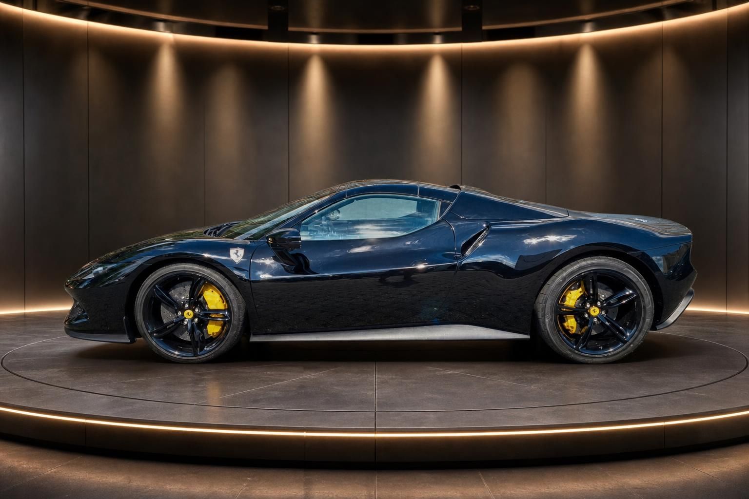Ferrari Sportwagen dunkelblau Seitenansicht mit schwarzen Felgen und gelben Bremssätteln