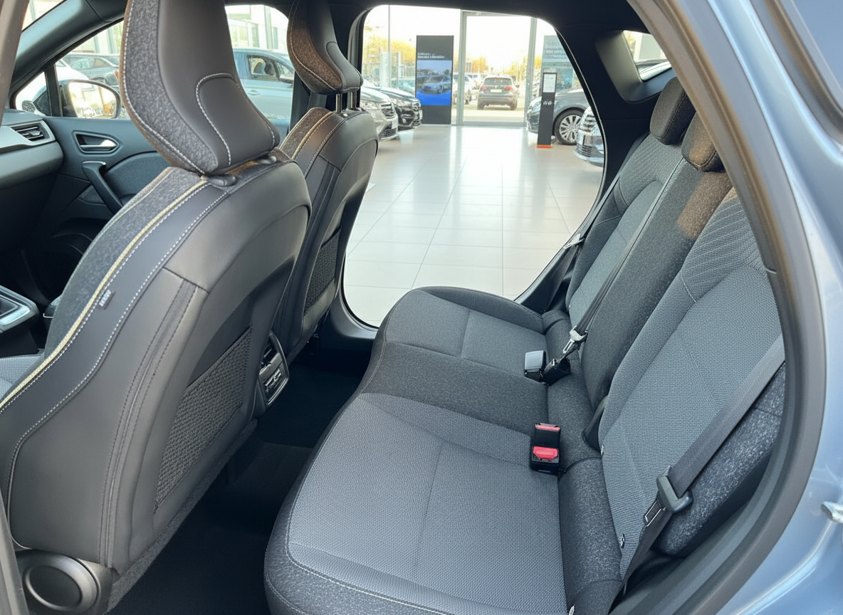 Fahrzeug Innenraum Rücksitzbank mit grauen Stoffsitzen und Sicherheitsgurten im Autohaus