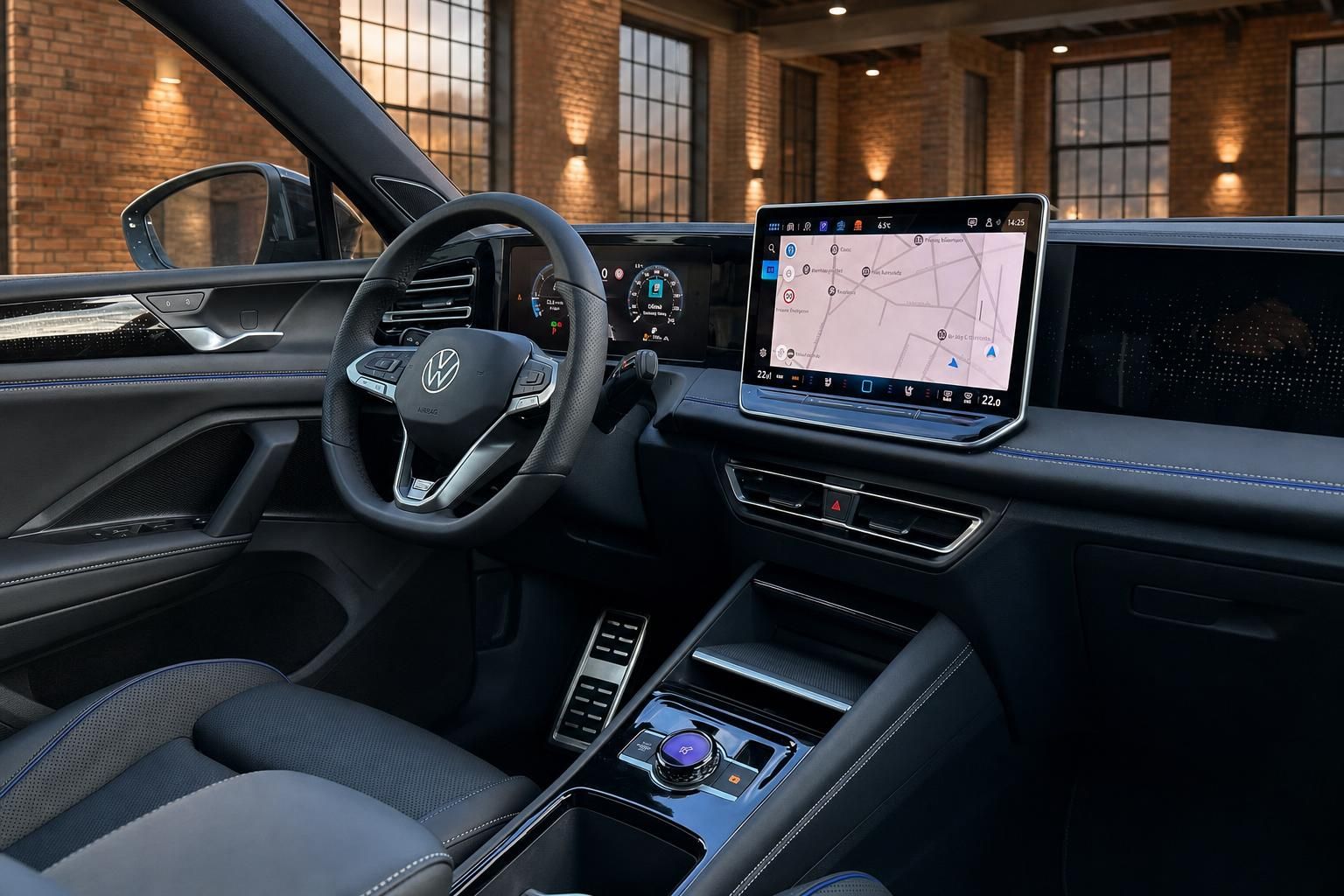 VW Cockpit mit Navigationssystem und Multifunktionslenkrad im Fokus