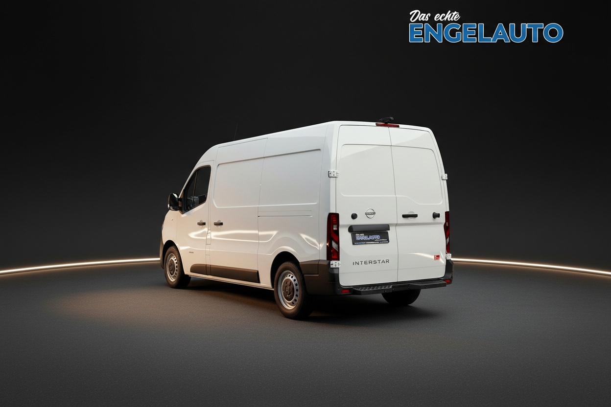 Weißer Nissan Interstar Transporter Kastenwagen Heckansicht seitlich auf dunklem Hintergrund - Das echte Engelauto