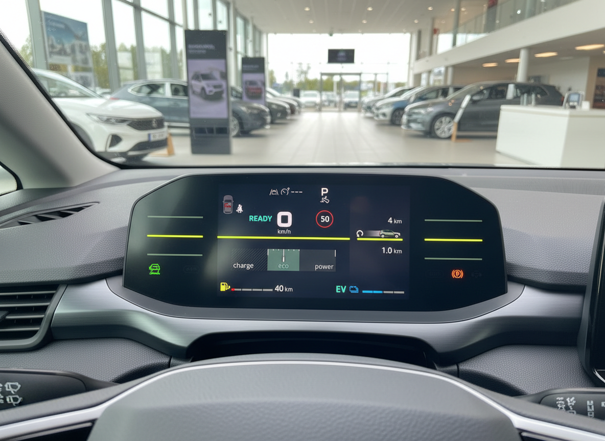 Škoda Plug-in-Hybrid Cockpit mit digitalem Kombiinstrument, ECO-Modus und EV-Reichweitenanzeige im Autohaus