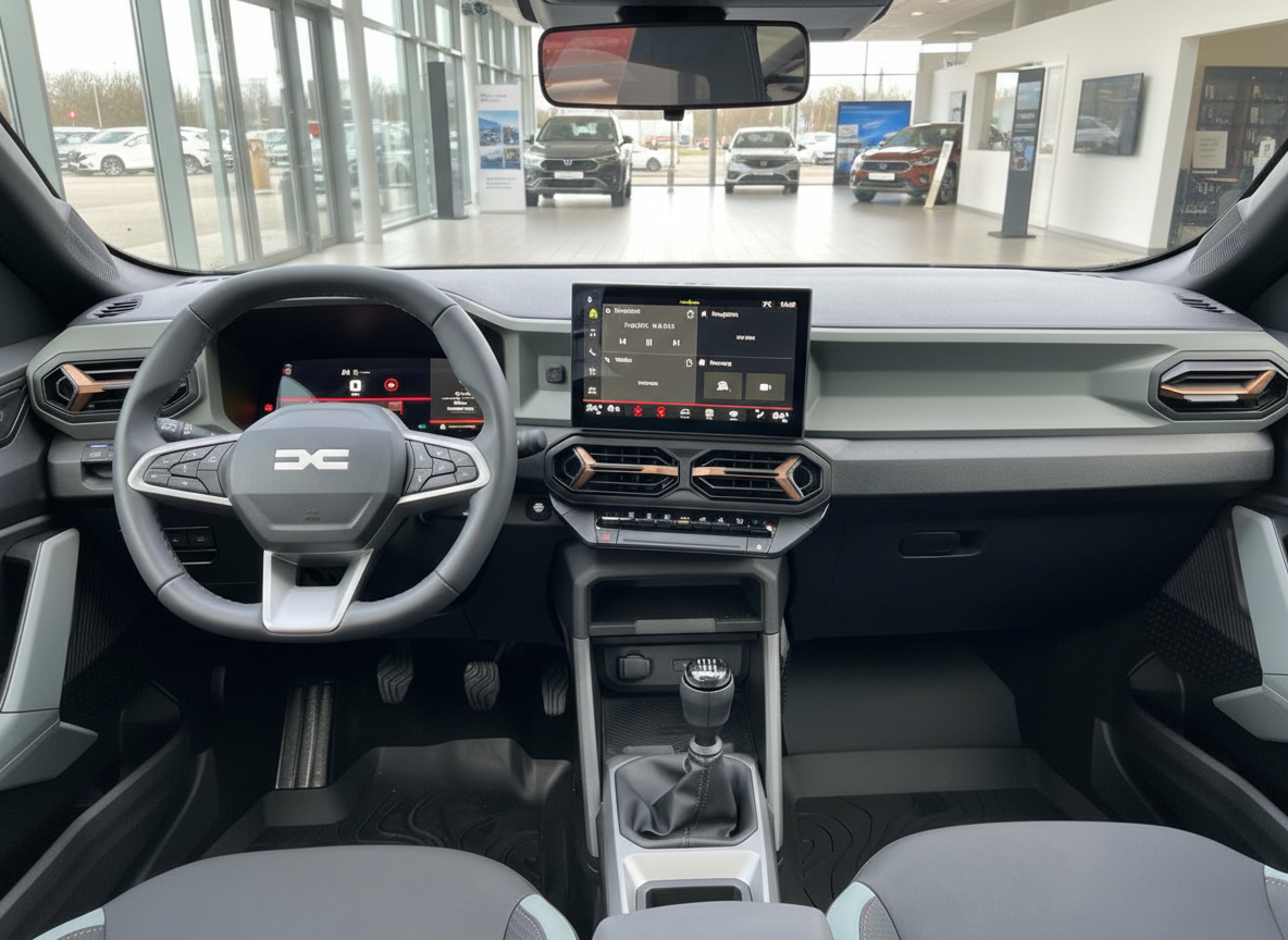 Dacia Innenraum Cockpit mit digitalem Tacho, Touchscreen und Schaltgetriebe im Autohaus