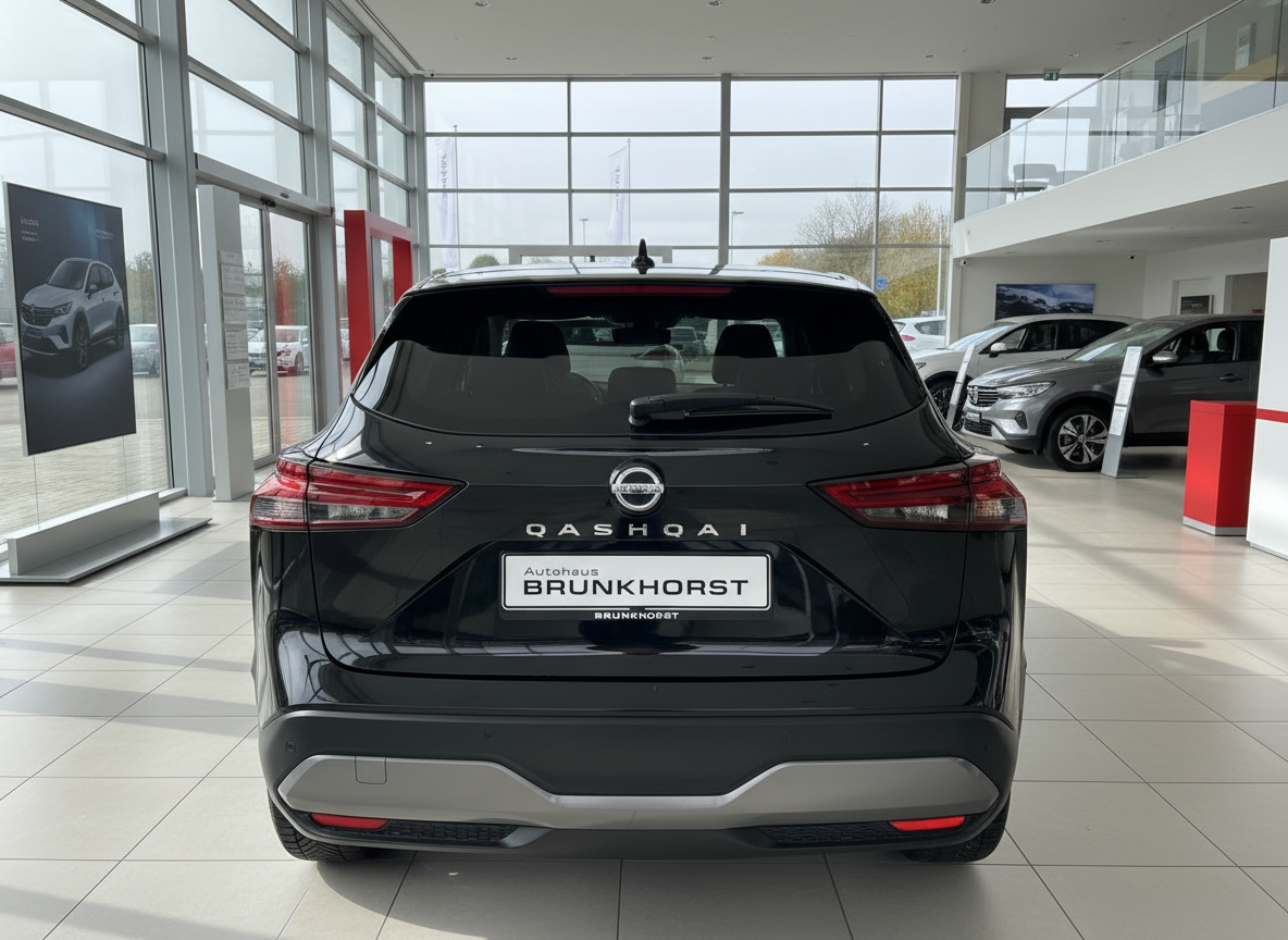 Schwarzer Nissan Qashqai Heckansicht im Autohaus Brunkhorst Showroom