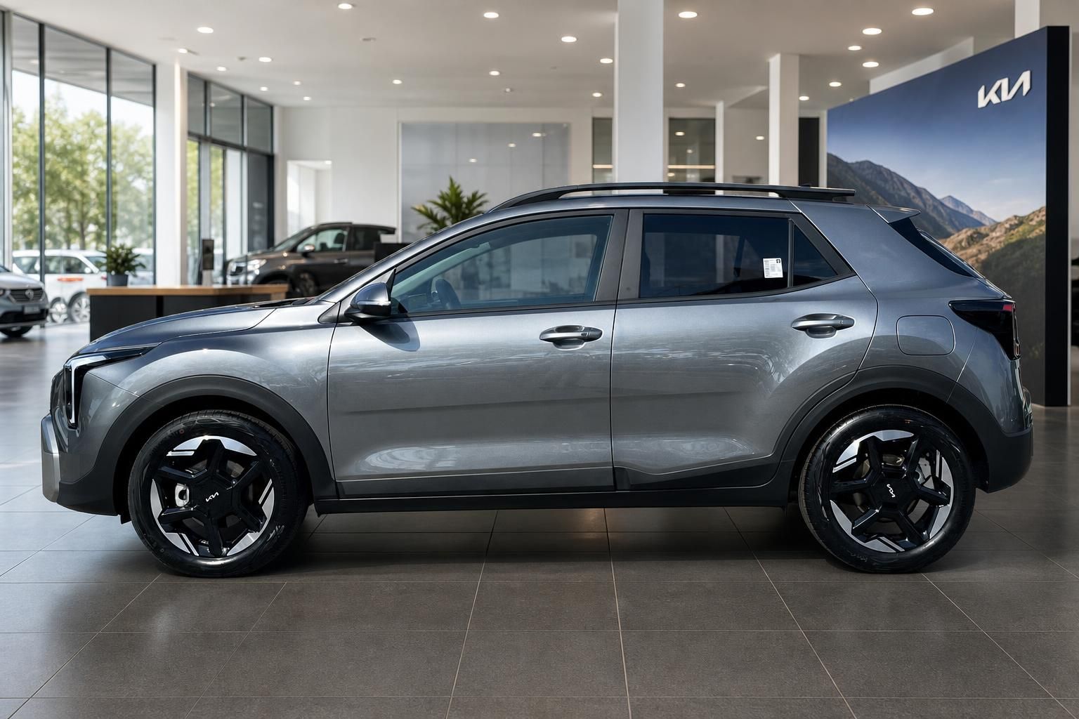 Kia Stonic in Grau, Seitenansicht im Autohaus-Showroom