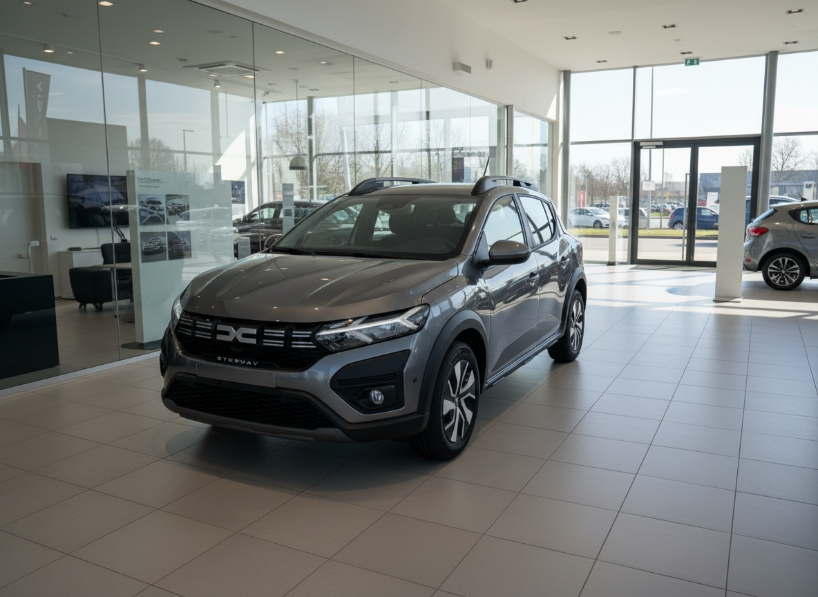 Dacia Sandero Stepway in Grau im Autohaus-Showroom, Frontansicht