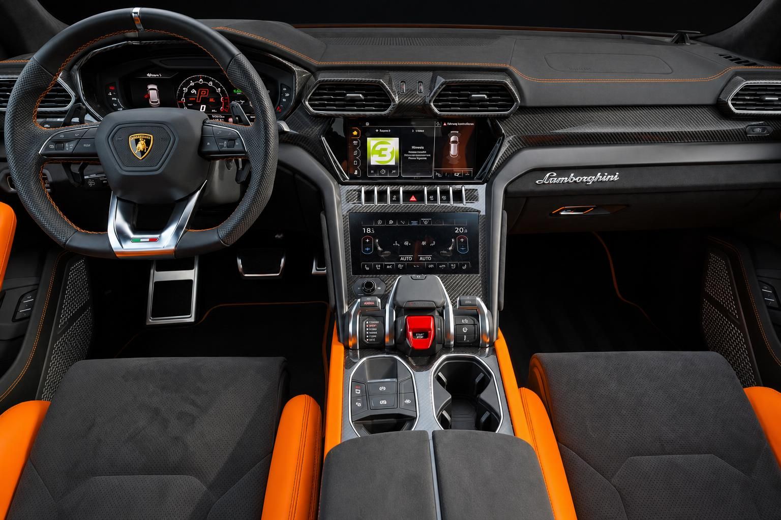 Lamborghini Urus Innenraum mit orangefarbenen Sportsitzen und Cockpit
