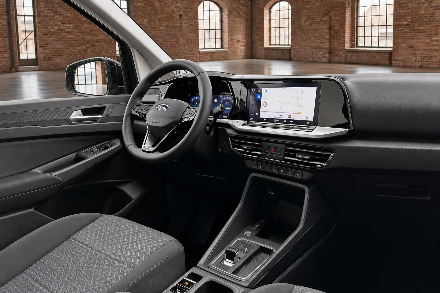 Ford Cockpit Detailansicht: Lenkrad, Navigationsdisplay und Mittelkonsole