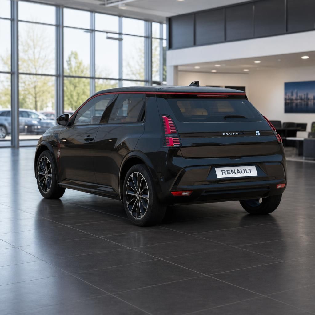 Renault 5 E-Tech Electric in schwarz, Heckansicht mit LED-Rücklichtern im Showroom