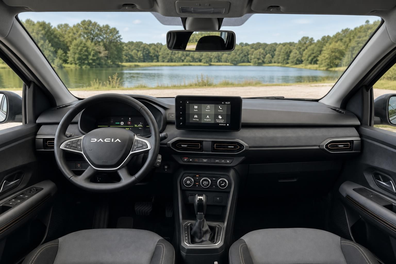 Dacia Innenraum mit Lenkrad, Touchscreen Display und Armaturenbrett - Blick durchs Panoramadach auf See