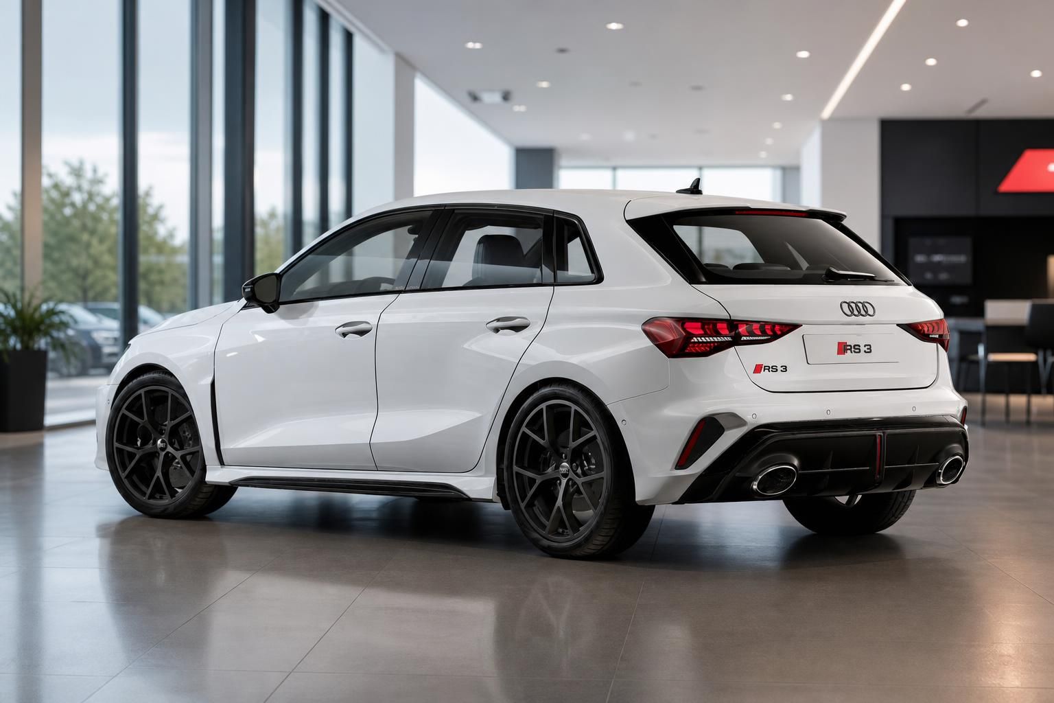 Audi RS3 Sportback weiss Heckansicht schraeg im Autohaus mit schwarzen Felgen