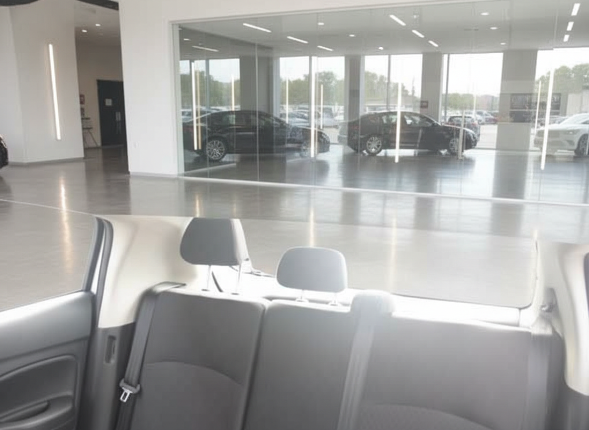Fahrzeuginnenraum Rücksitzbank grau – Autohaus Showroom im Hintergrund