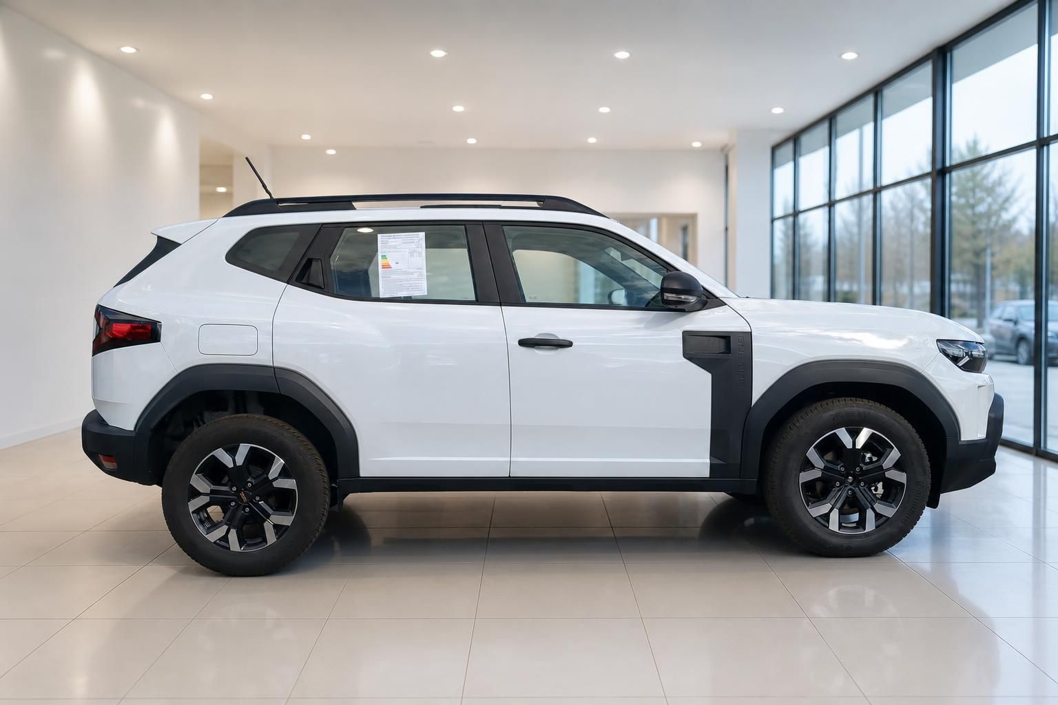 Weißer SUV Seitenprofil im hellen Autohaus-Showroom mit großer Fensterfront