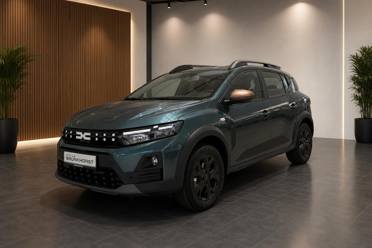 Dacia Sandero Stepway seitliche Dreiviertelansicht grün metallic im Autohaus Showroom