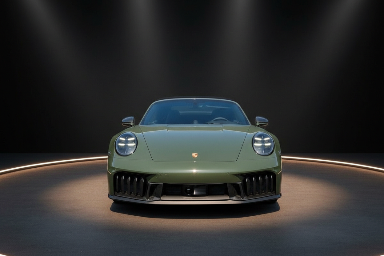 Porsche 911 in Olivgrün Frontansicht im Fotostudio