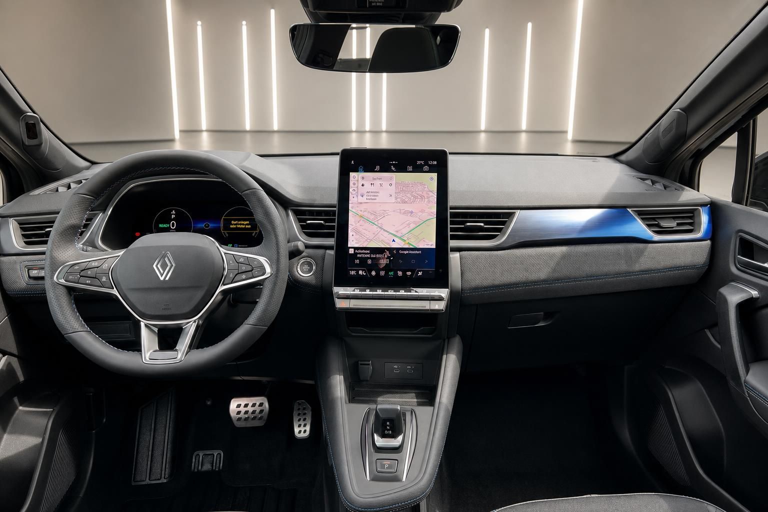 Renault Cockpit-Ansicht mit digitalen Instrumenten und Touchscreen-Display im modernen Innenraum