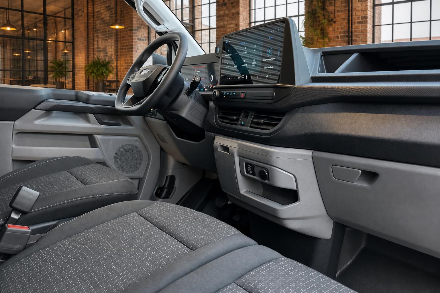 Ford Transit Innenraum Beifahrerseite mit Lenkrad, großem Touchscreen und Armaturenbrett