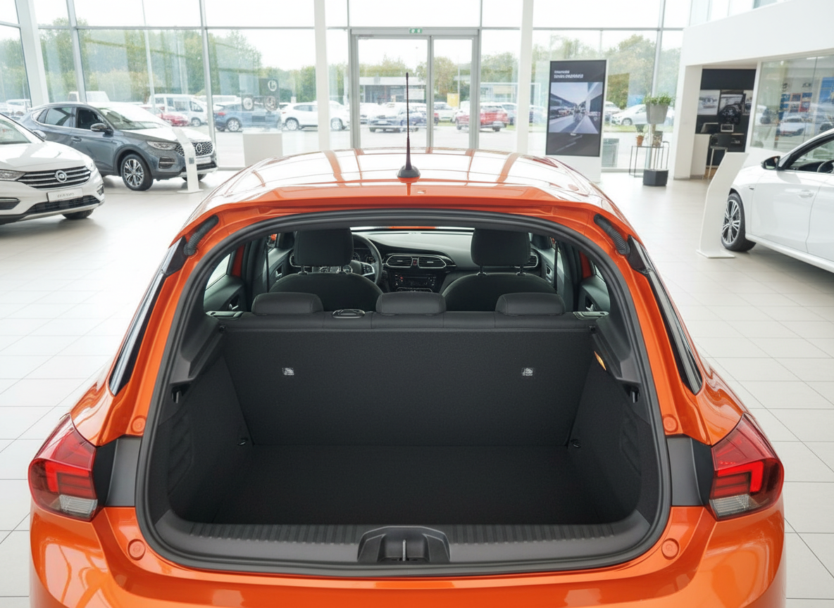 Oranger SEAT Ibiza Hatchback mit geöffnetem Kofferraum im Autohaus