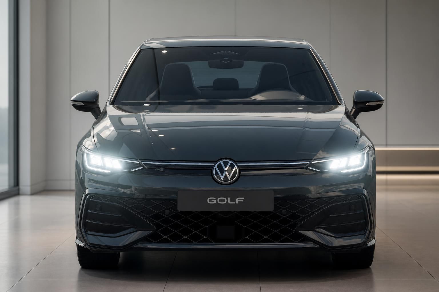 VW Golf Frontansicht mit LED-Scheinwerfern im Showroom