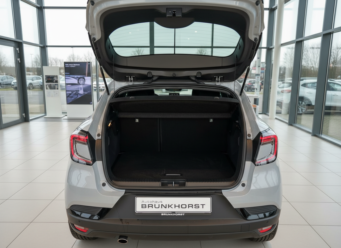 Silbernes Fahrzeug mit geöffneter Heckklappe im Autohaus Brunkhorst Showroom