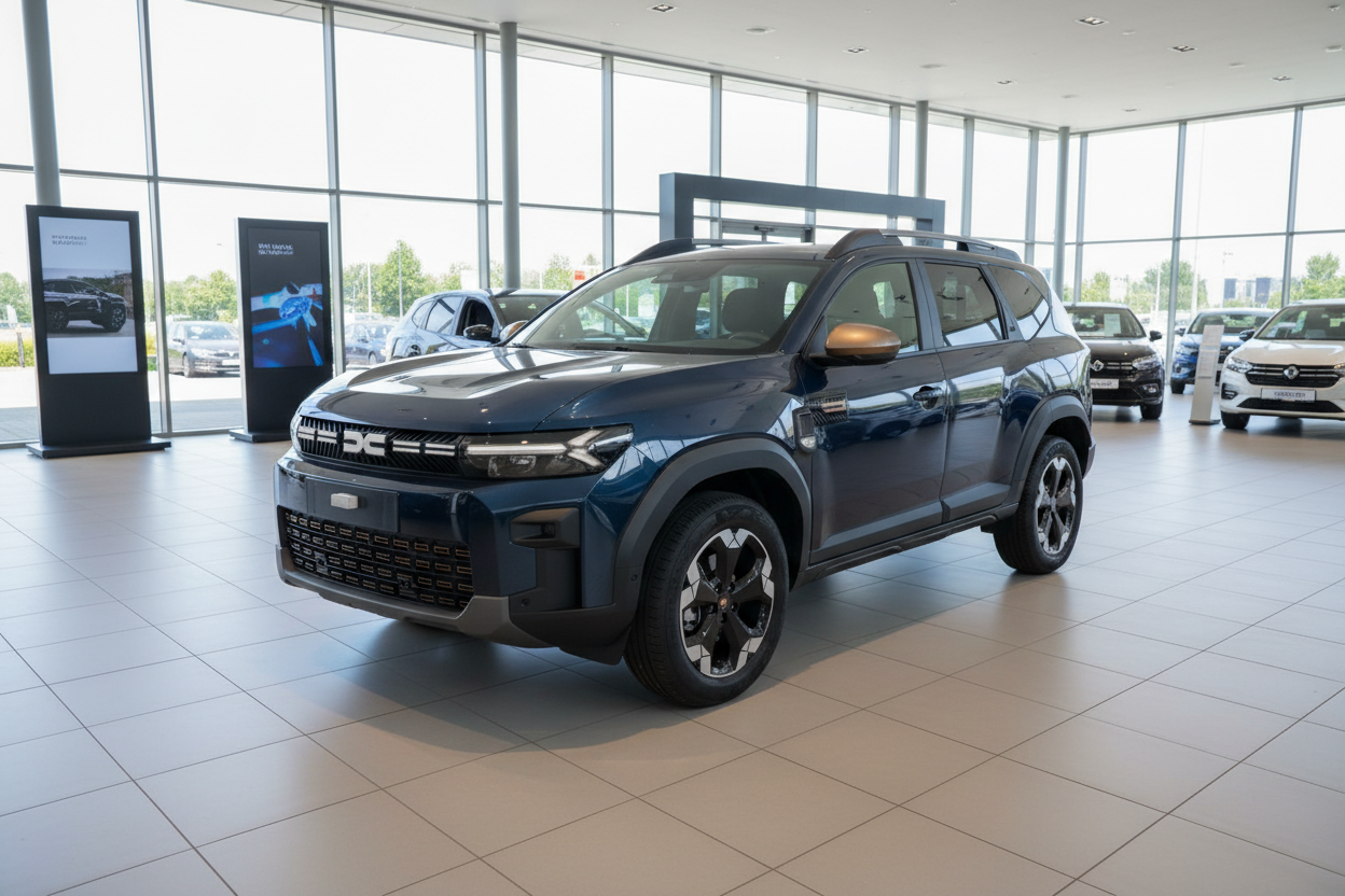 Dacia Bigster SUV in Dunkelblau in modernem Autohaus-Showroom, Frontansicht schräg