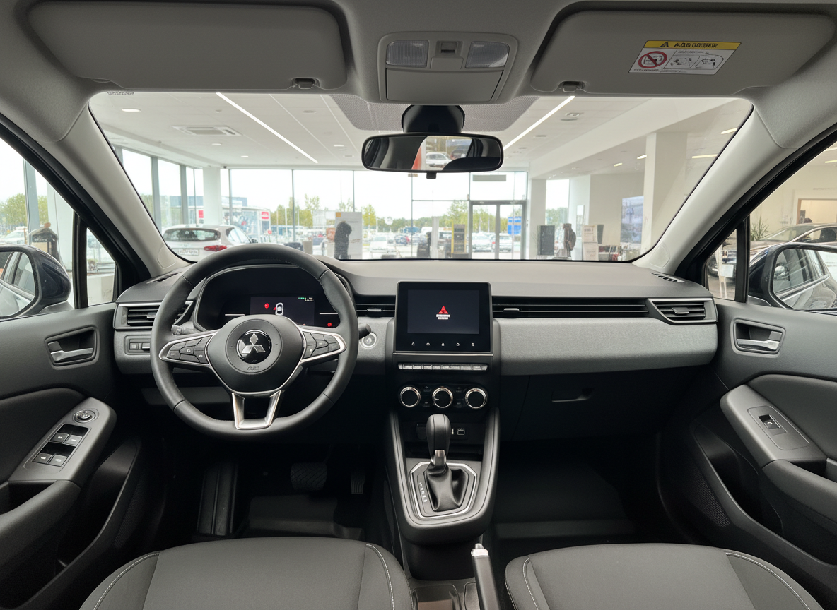 Mitsubishi Innenraum mit Lenkrad, Infotainment-Display und grau-schwarzem Cockpit im Autohaus